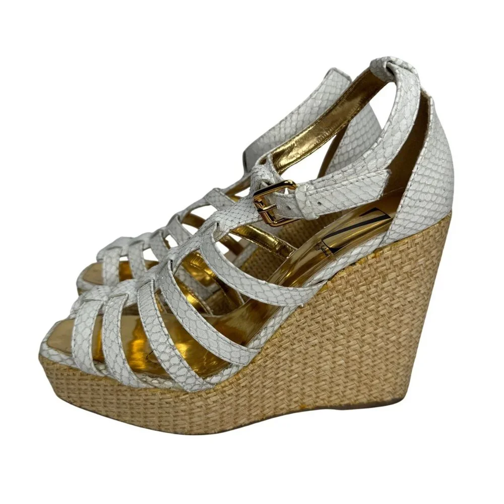 Sergio Zelcer White Snake Wedge Sandals Size 6‎ Womens Open Toe Raffia Platform
